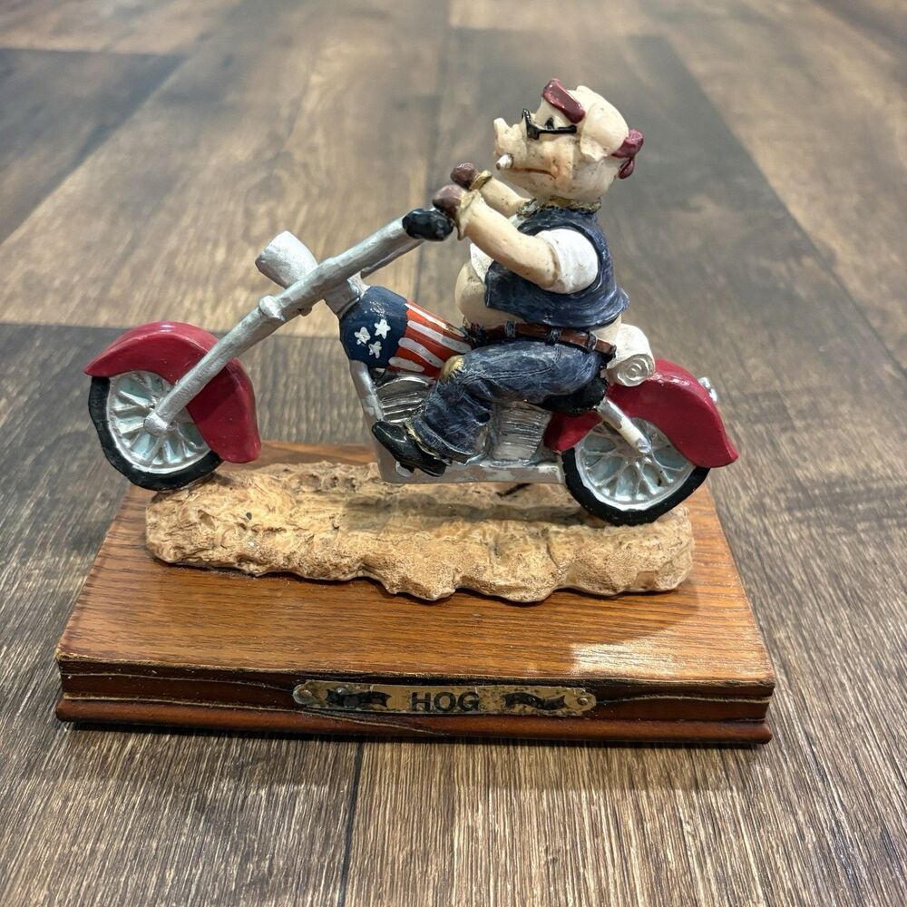 Vintage Biker Pig “HOG” Motorcycle Figurine Resin  Wood Base Americana Decor